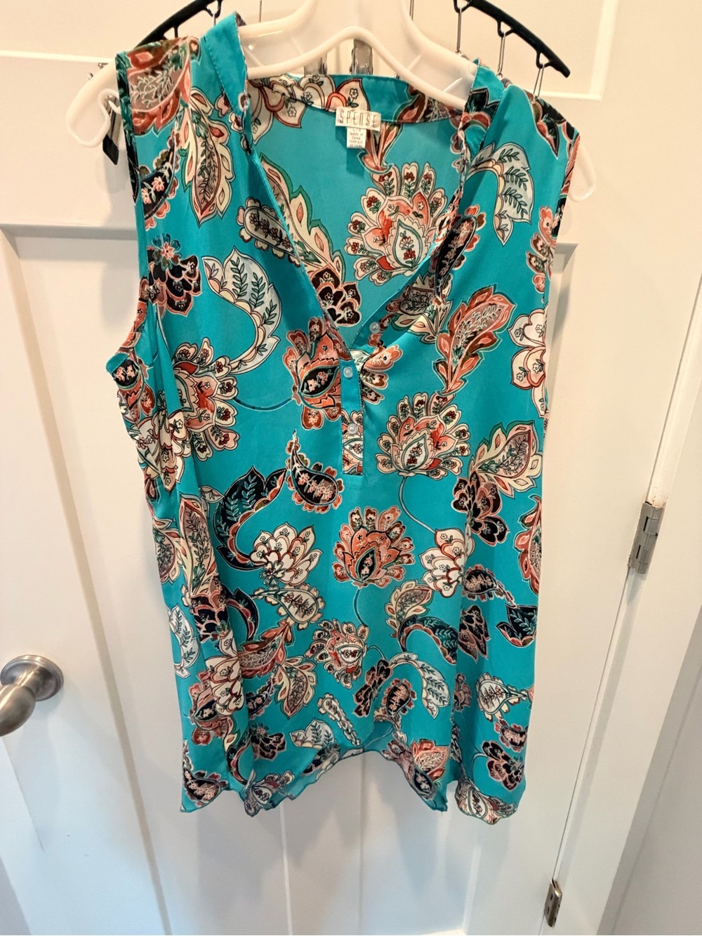Spense Large Turquoise Paisley Floral Sleeveless V Neck Button Blouse Boho